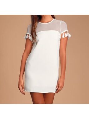 Lulu's White Sheer-Yoke Mini Dress with Tassel Trim